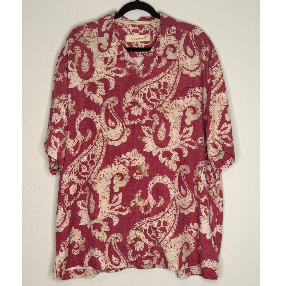 Tommy Bahama Men's Red 100% Silk Paisley Button Down Shirt Sz XL